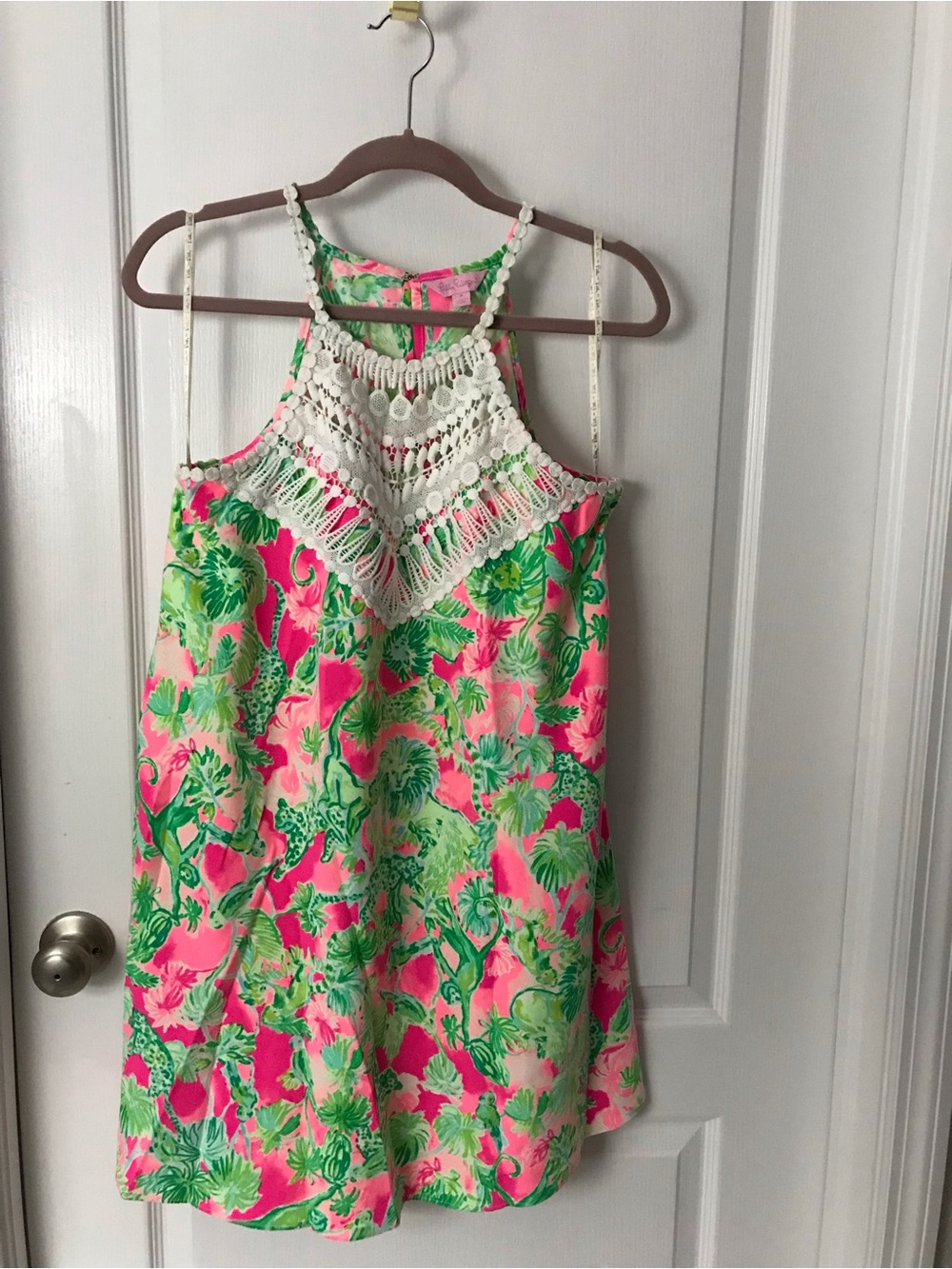 Lilly Pulitzer Pink & Green Crochet-Halter Tropical Dress,Sz 8